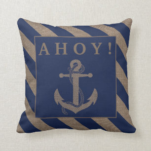Almofada Ahoy! Marinho de Âncora Náutica - Tiras Azuis e Bu