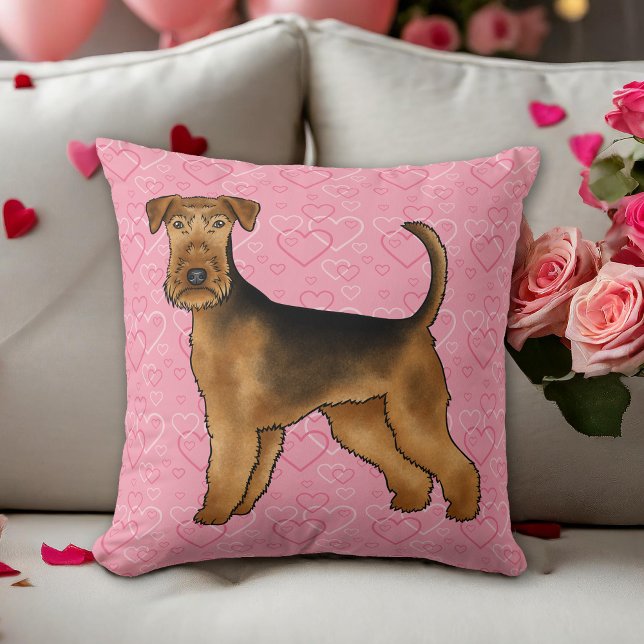 Almofada Airedale Terrier Dog Love with Pink Heart Pattern (Please note: This image is a digital mockup. The product may not be in scale.)