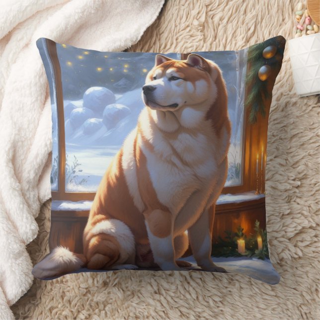 Almofada Akita Com Luzes De Natal Feriado (Cobertor)