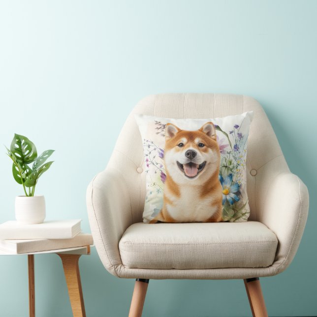 Almofada Akita Shiba Inu Dog with Blue Watercolor Flowers (Cadeira)