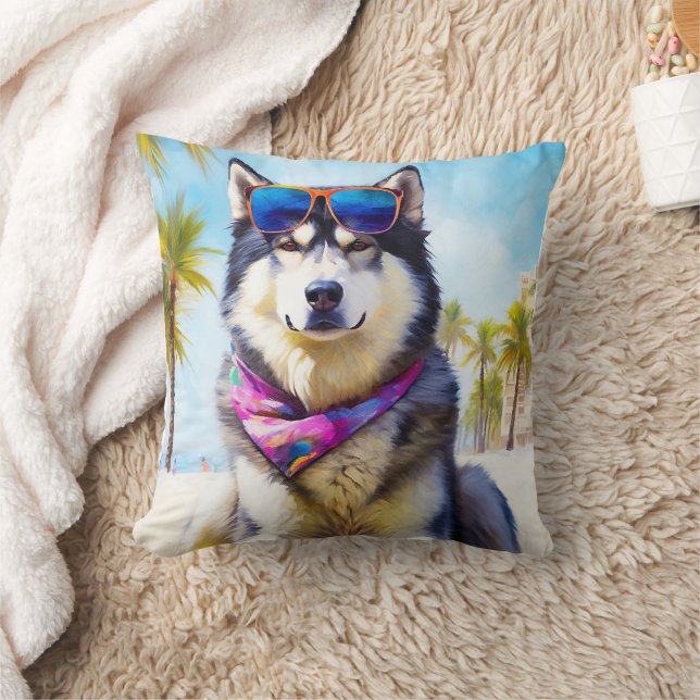 Almofada Alaskan Malamute na praia, presente de verão (Cobertor)