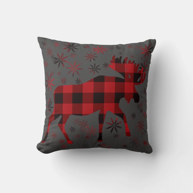 Almofada Alce de Natal xadrez vermelho e preto clássico (Frente)