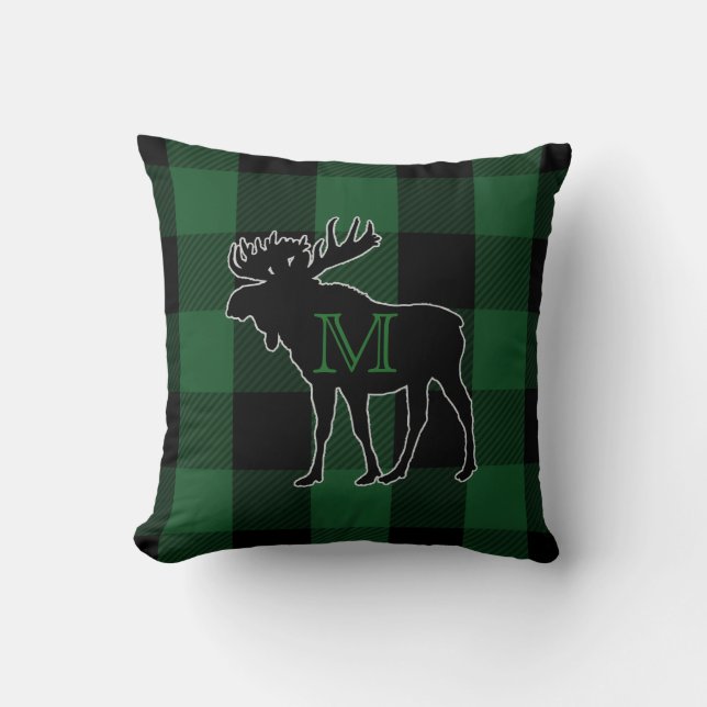 Almofada Alces Monogrammed verdes rústicos da verificação | (Frente)