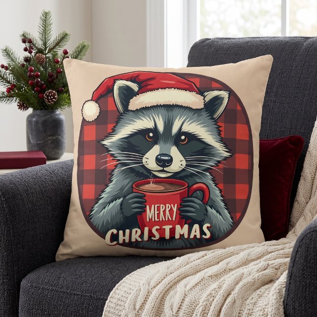 Almofada Alegria de Cacau do Guaxinim de Natal (Christmas Raccoon Cocoa Cheer Throw Pillow)