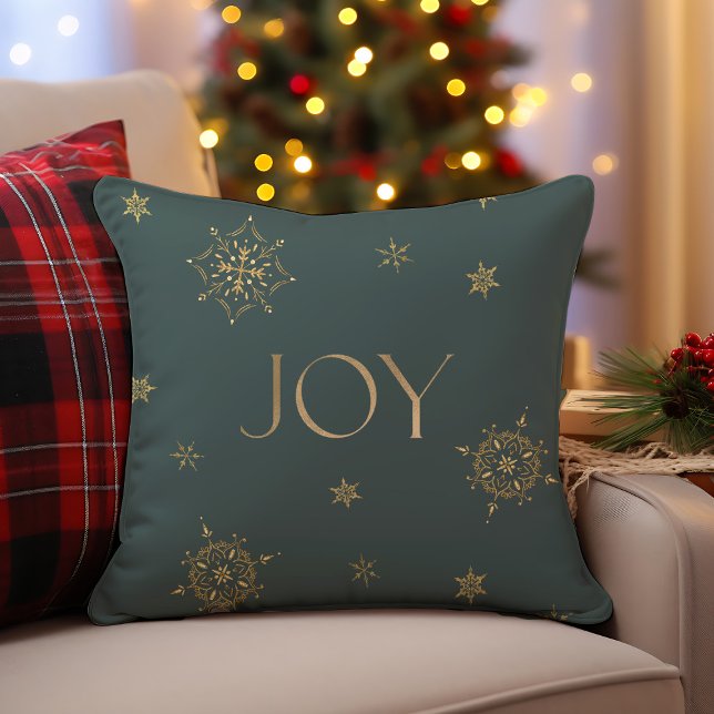 Almofada Alegria de Férias de Neve Verde e Dourada (Green and Gold Modern Snowflake Holiday Joy Throw Pillow)