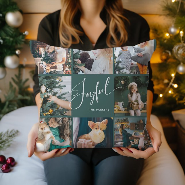 Almofada Alegria | Elegante Script Multi-Photo Christmas (A pretty green Christmas pillow that says "Joyful" in elegant script, with eight of your photos)