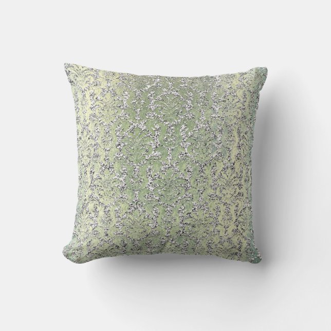 Almofada Algodão Mint Green Damask Silver Metallic Glitter (Frente)