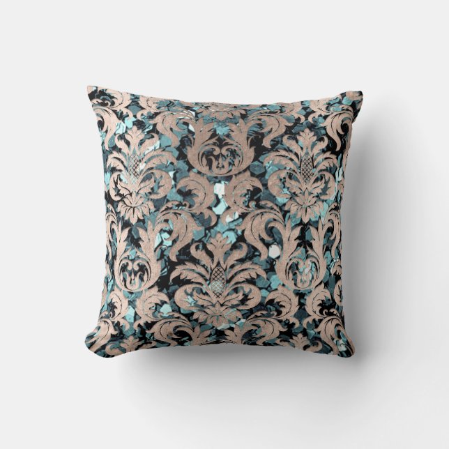 Almofada Algodão Teal Aquatic Damask Blue Ivory (Frente)