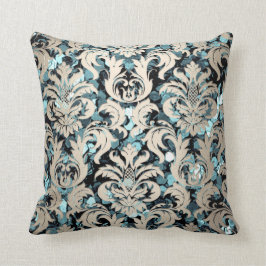 Almofada Algodão Teal Aquático Prata Damasco Sepia Sequin
