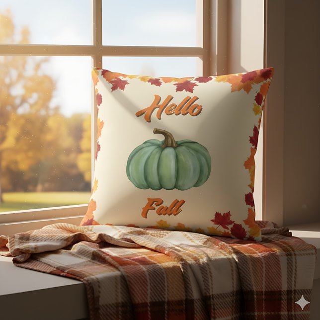 Almofada Alô Fall - Farmhouse Green Pumpkin Cozy Decor (Hello Fall pillow with colorful leaves - perfect rustic accent for autumn home)