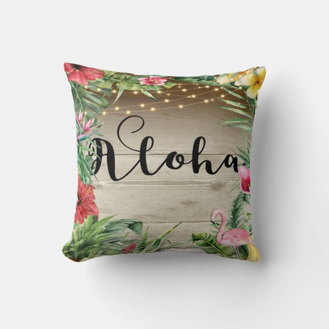 Almofada Aloha Madeira Tropical Folhas Florais e Luzes Chic (Frente)