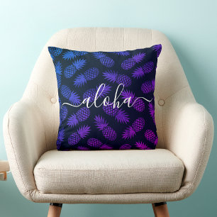 Almofada Aloha Script Purple Blue Pineapple Patterno Havaí
