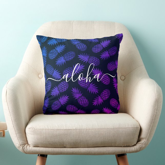 Almofada Aloha Script Purple Blue Pineapple Patterno Havaí (Criador carregado)