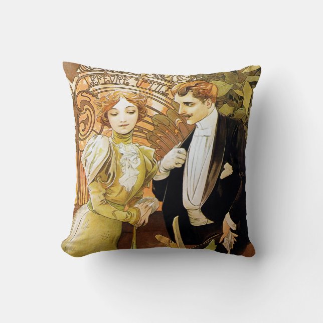 Almofada Alphonse Mucha Flirt Vintage Art Nouveau Romântico (Frente)