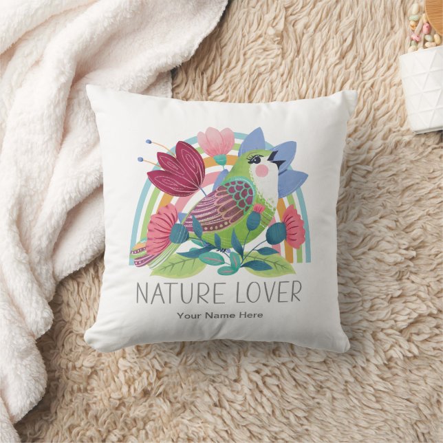 Almofada Amante da Natureza Aquarela Pássaro Flores Arco-ír (Cobertor)
