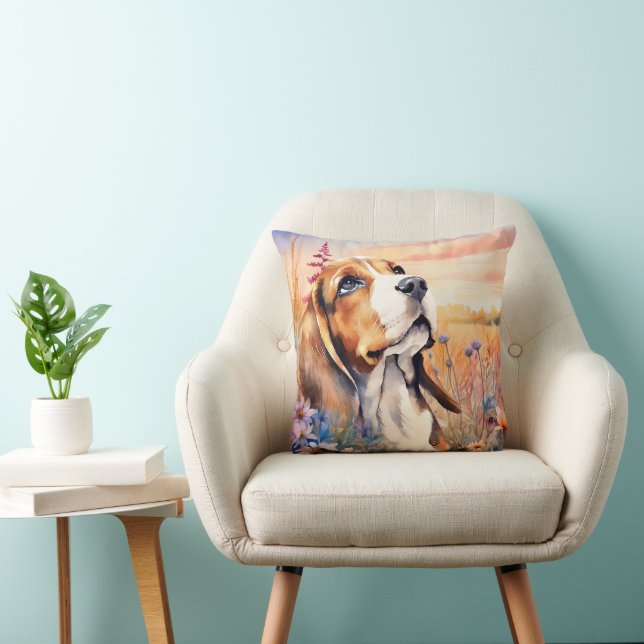 Almofada Amante de Cachorro Beagle com Prado de Flores Silv (Cadeira)