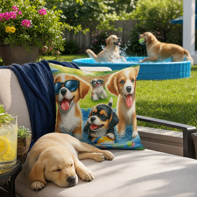 Almofada Amantes de cães fofos na festa na piscina (Criador carregado)