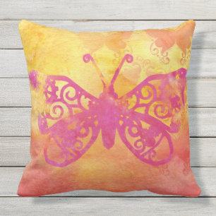 Almofada Amarelo alaranjado Handpaint do rosa da borboleta
