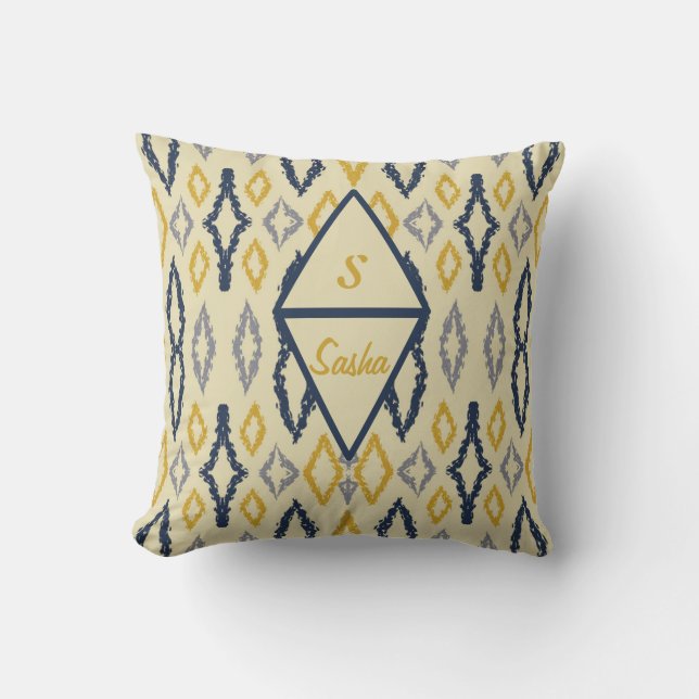 Almofada Amarelo Azul Ikat Marroquino Personalizado (Frente)