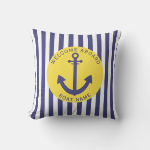 Almofada Amarelo Azul Marinho Faixa Nome do Barco Âncora Ná