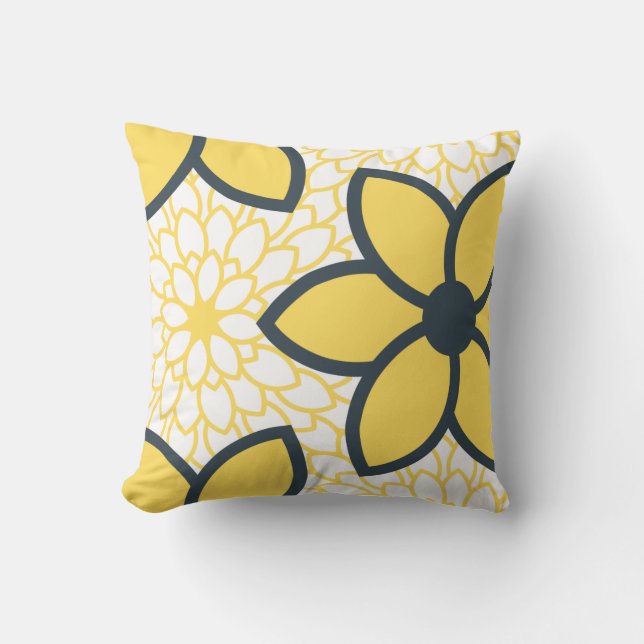 Almofada Amarelo, Branco e Carvão Moderno Floral (Frente)