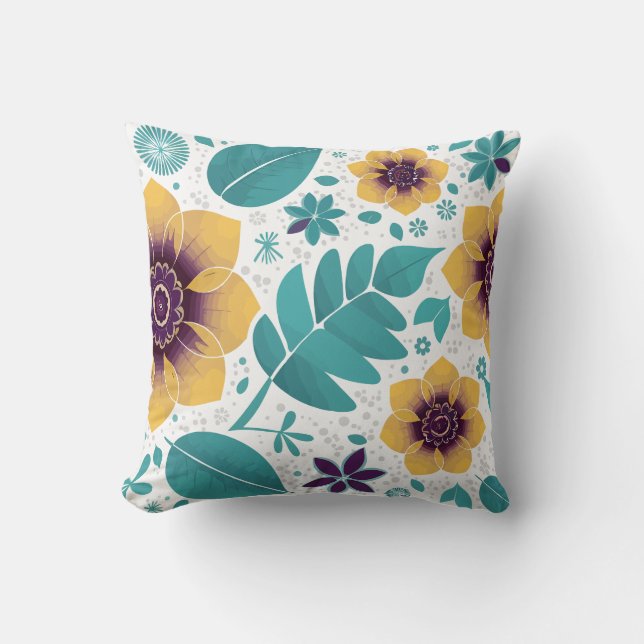 Almofada Amarelo-Brilhante e Teal Floral em Branco (Frente)
