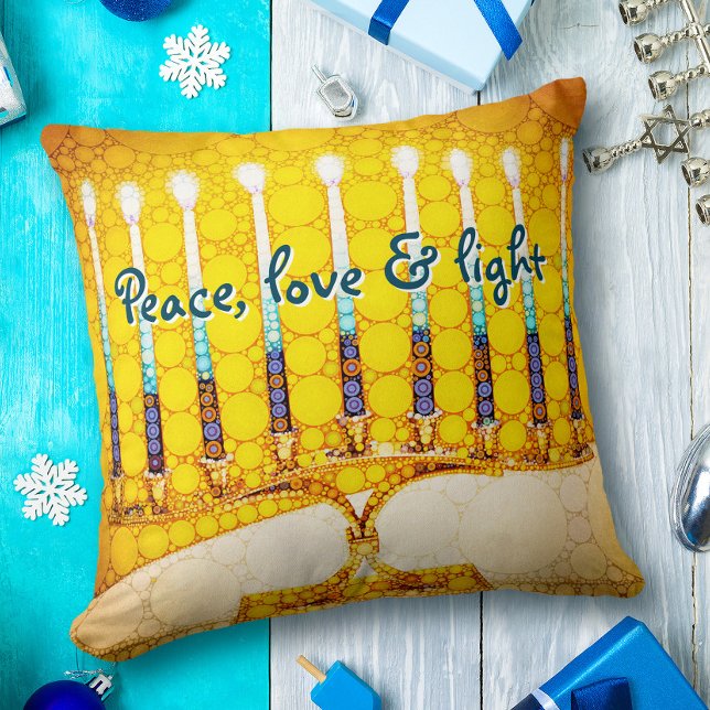 Almofada Amarelo Dourado Hanukkah Menorah Peace Love and Li (Criador carregado)