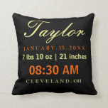 Almofada Amarelo & laranja do preto da tipografia do Stats<br><div class="desc">Uma grande maneira de comemorar e recordar o nascimento do seu bebê ou como um presente bonito para pais novos. Apenas adicione a informação do nascimento sobre lá! Nome,  data,  peso,  altura,  tempo e cidade. Três tipos diferentes das pias batismais em amarelo e da laranja no preto.</div>