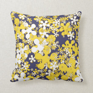 Almofada Amarelo-mostarda, branco, ouro, azul-marinho, flor