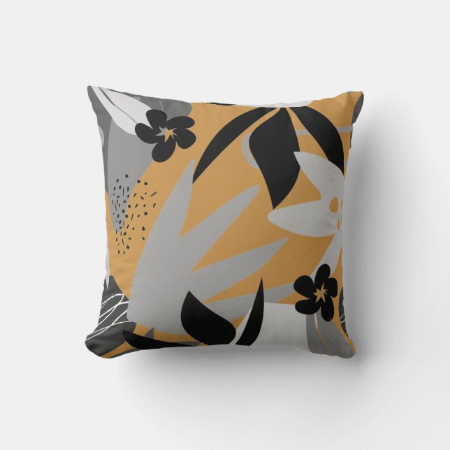 Almofada Amarelo Mostarda e Cinza Folhas Abstratas Artístic (Frente)