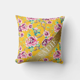 Almofada Amarelo Mostarda Rosa Floral Dourado Personalizado