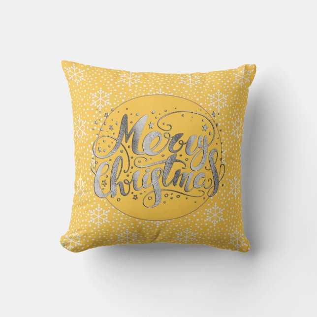 Almofada Amarelo Quente Prata Feliz Natal Branco Floco de N (Frente)