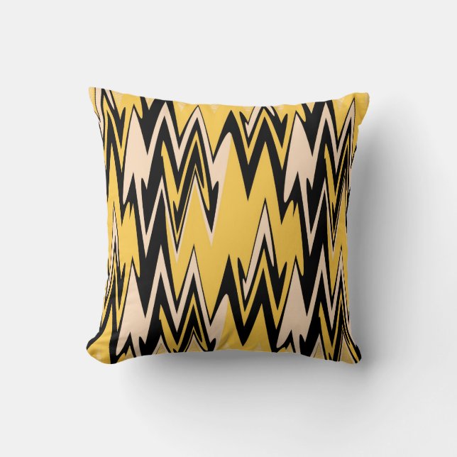 Almofada Amarelo Retro, Ziguezague Preto Abstrato Art Déco (Frente)