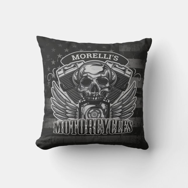 Almofada American Biker ADD NAME Skull V-Twin Motocicletas (Frente)