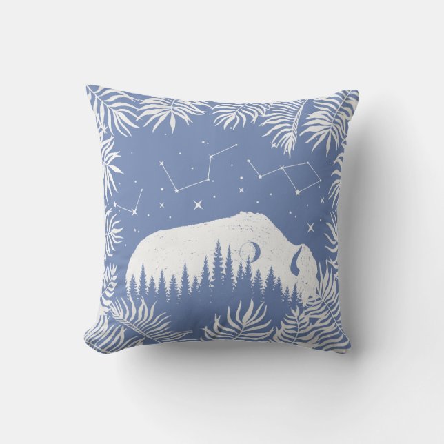 Almofada American Bison White Blue Stars Galaxy Fern Hunt (Frente)