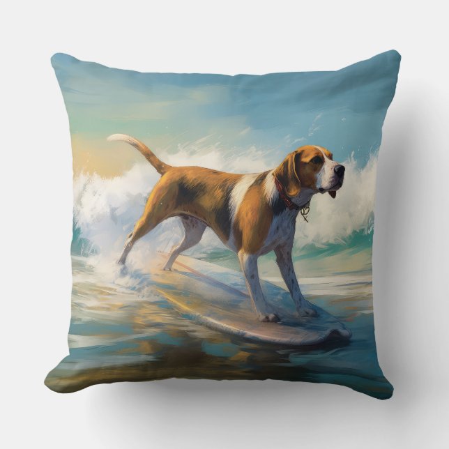 Almofada American Engligh Foxhound Beach Surfing Painting (Frente)