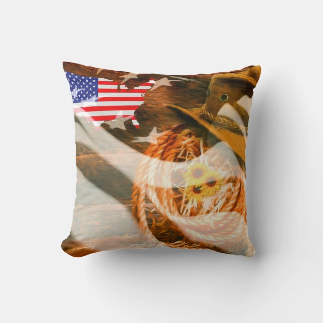 Almofada American Flag Sunrays Cowboy Hat Lasso (Frente)