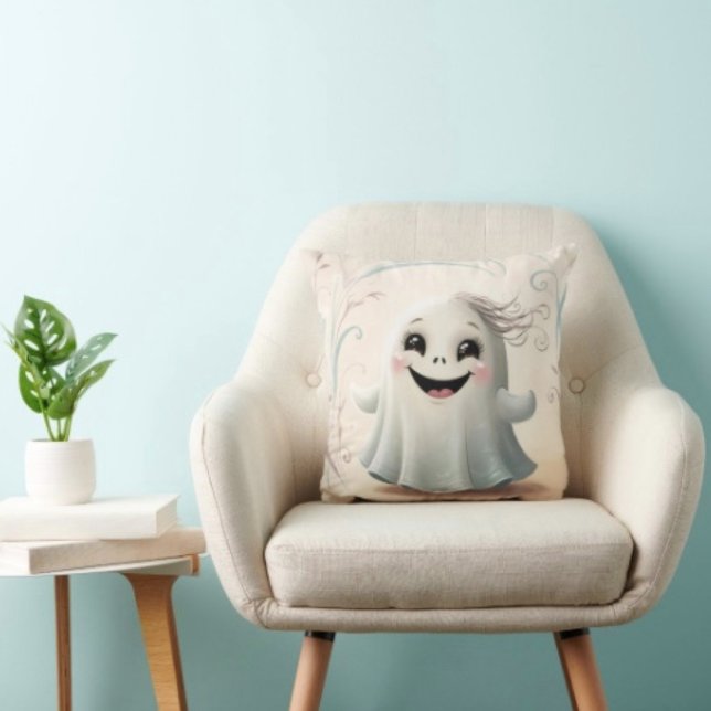 Almofada Amigo Fantasmagórico Adorável Design de Halloween (Throw Pillow 100% polyester heavyweight stretch material. Hidden zipper Made in the USA.
)
