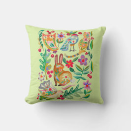 Almofada Amigos Animais Florais da Arte Popular Verde Pálid