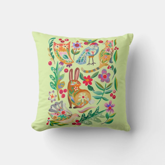 Almofada Amigos Animais Florais da Arte Popular Verde Pálid (Frente)