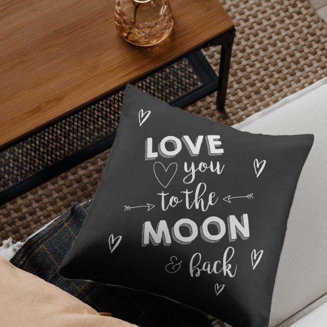 Almofada Amo-te à Lua e ao Coração Negro Branco (Love You To The Moon and Back Heart Black White Throw Pillow)
