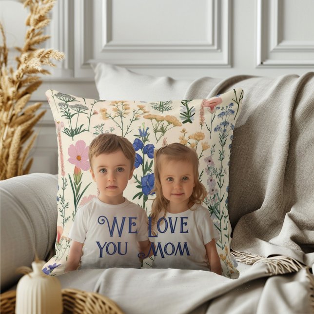 Almofada Amo-Te Mãe Greenerence Deixa Foto Dia de as mães (We Love You Mom Greenery Leaves Mothers Day Photo Throw Pillow)