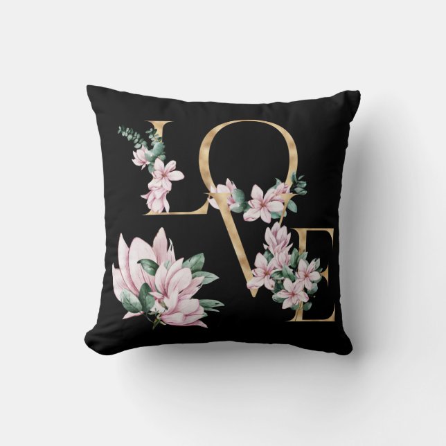 Almofada Amor à letra dourada com flores magnólia (Frente)