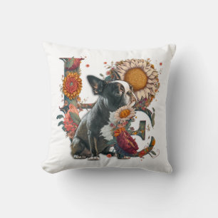 Almofada AMOR Feito em Boston Terrier Sunflower Wildflower