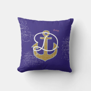 Almofada Âncora do ouro em náutica azul personalizada
