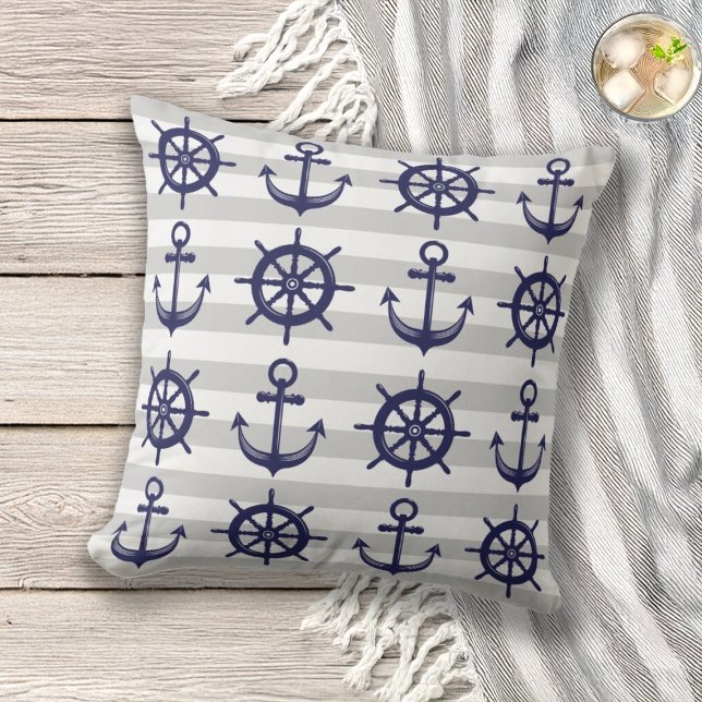 Almofada Âncora e Roda do Leme de Barco Faixa Cinza Náutico (Criador carregado)