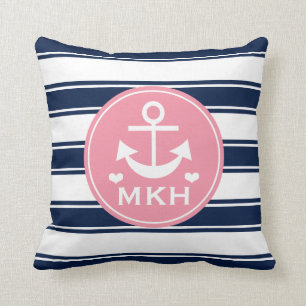 Almofada Âncora Monogrammed do rosa e dos azuis marinhos