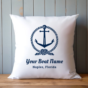 Almofada Âncora Personalizada de Nome de Barco Branco e Mar