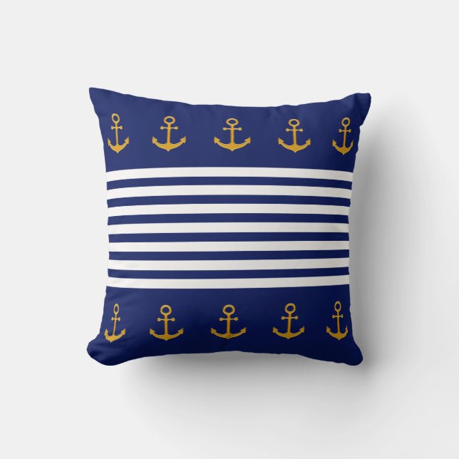 Almofada Âncoras Douradas, Listras Azuis e Brancas sobre Az (Frente)