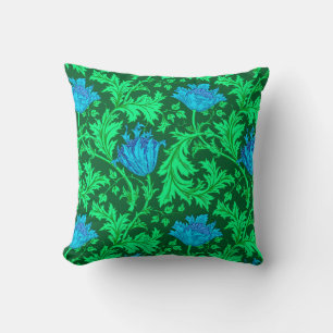 Almofada Anêmona de William Morris, verde esmeralda e azul